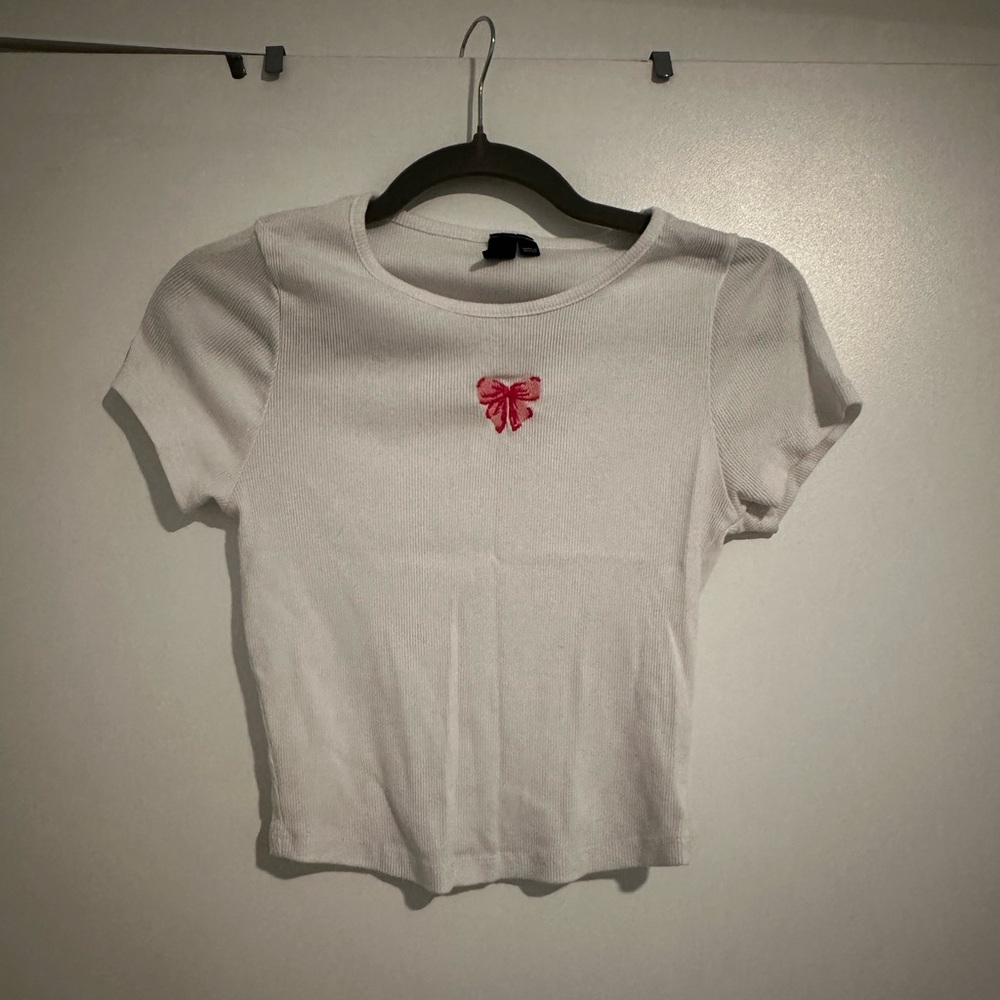 White Crop Top with Pink Bow Embroidery